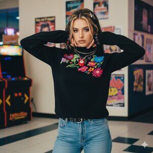 Vtg Y2k Womens Black Embroidered Floral Bright Turtleneck Sweater Size Small